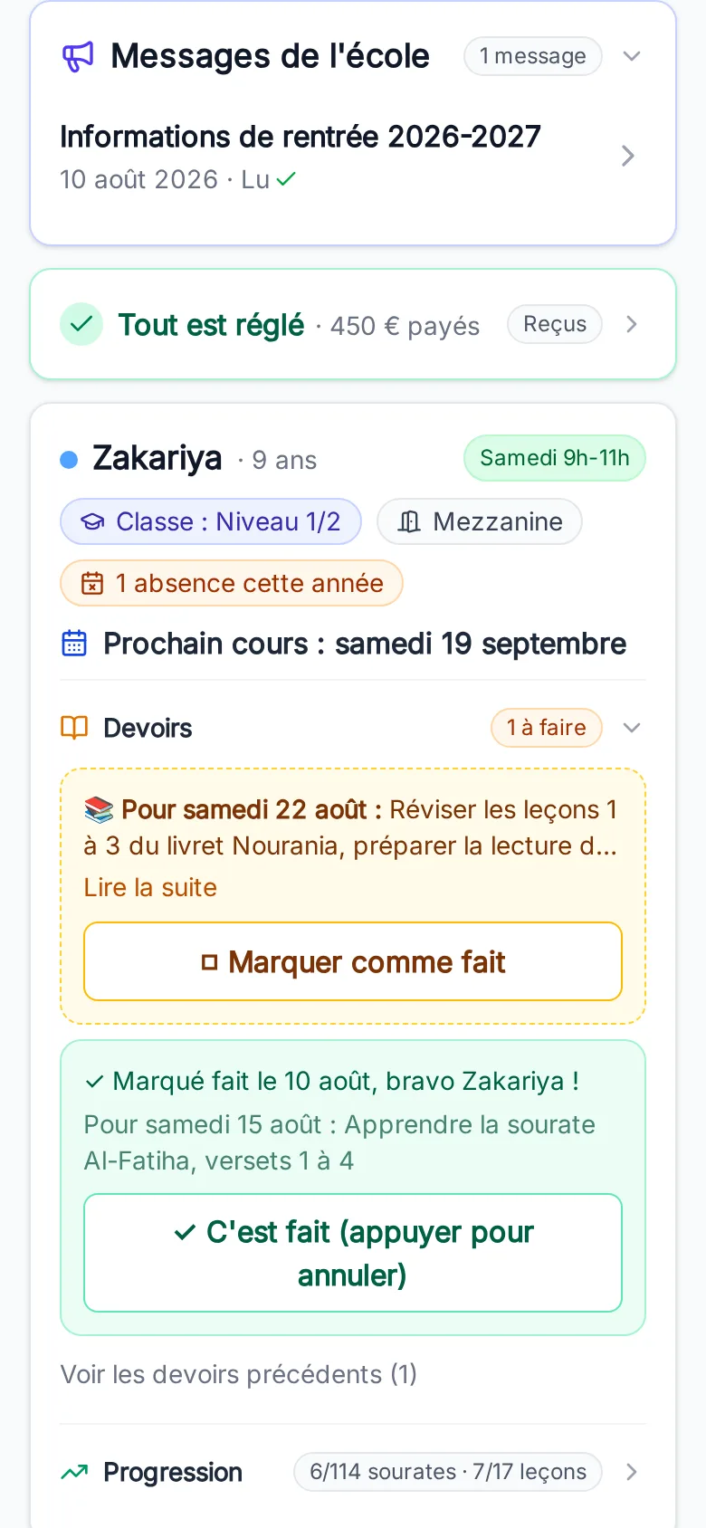 Espace famille sur téléphone : messages de l’école avec accusé de lecture