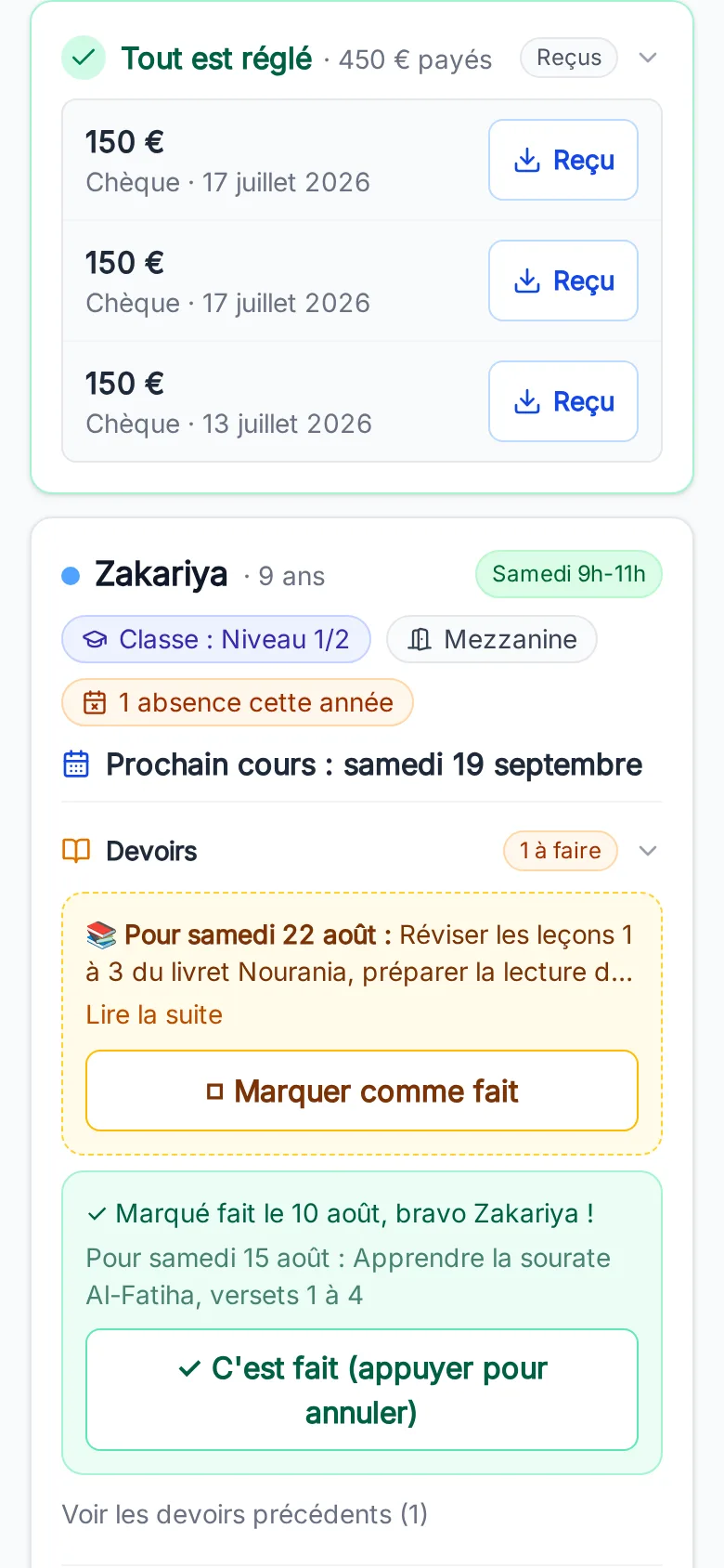 Espace famille sur téléphone : solde de la famille, paiements et reçus téléchargeables