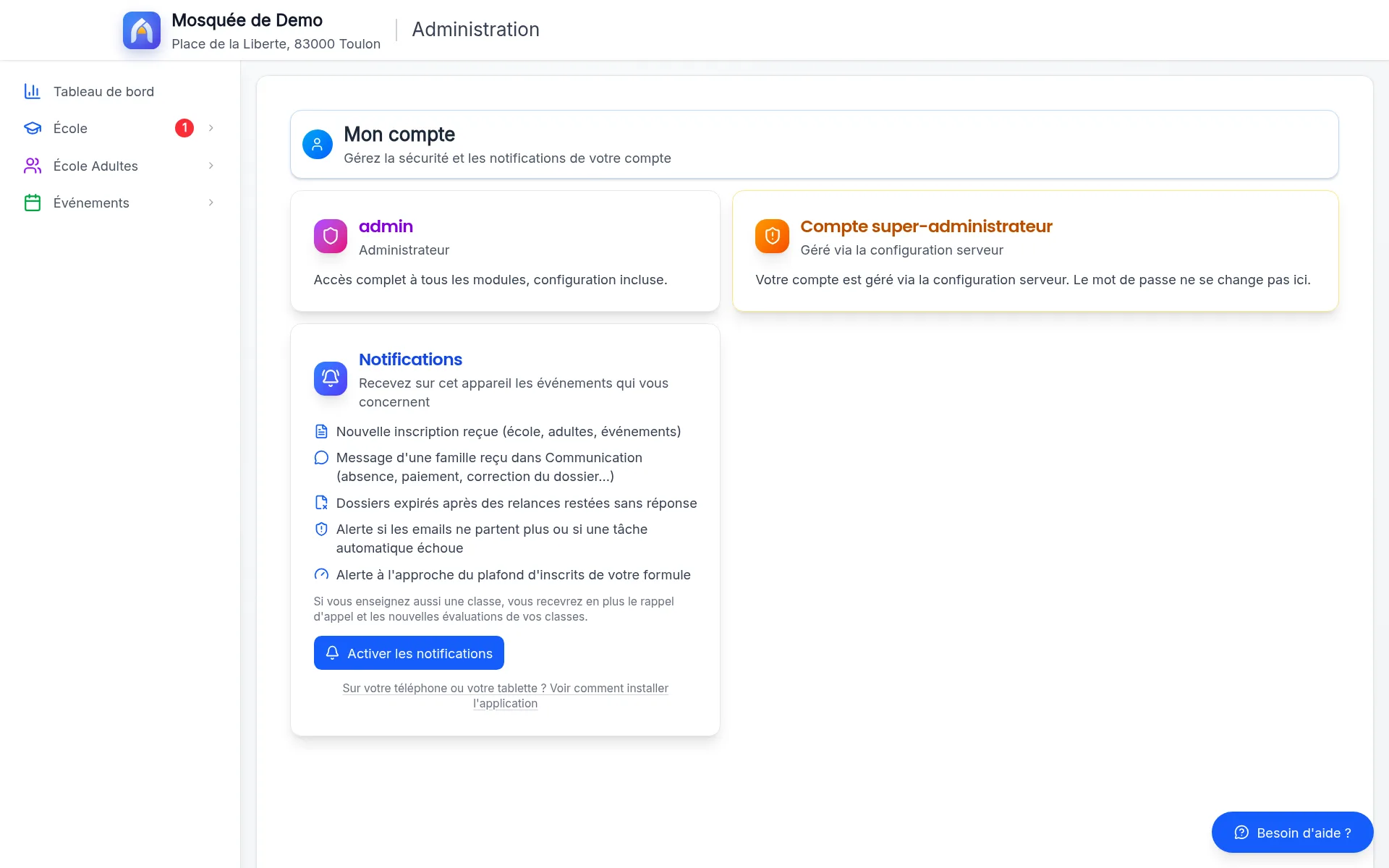 Page Mon compte : carte Notifications listant ce qu’un administrateur reçoit sur son appareil (inscription reçue, message d’une famille, dossiers expirés, alertes), bouton « Activer les notifications » et lien vers le mode d’emploi d’installation