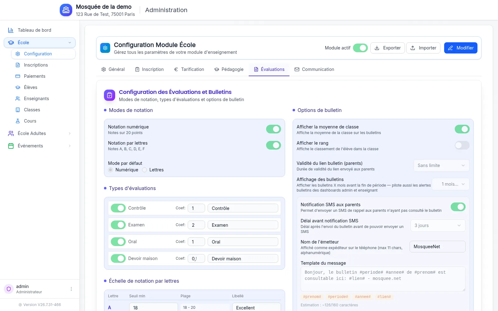 Onglet Évaluations de la configuration : modes de notation, coefficients par type d’évaluation, échelle de lettres et SMS des bulletins